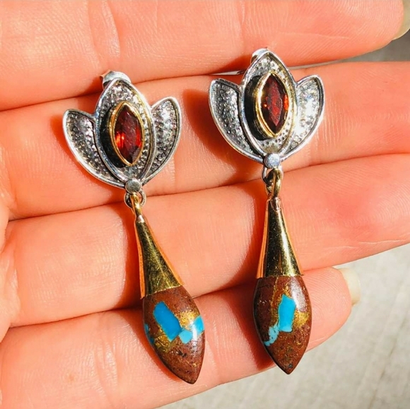 SOLD Basalt Turquoise & Garnet 925 Earrings - Picture 2 of 5